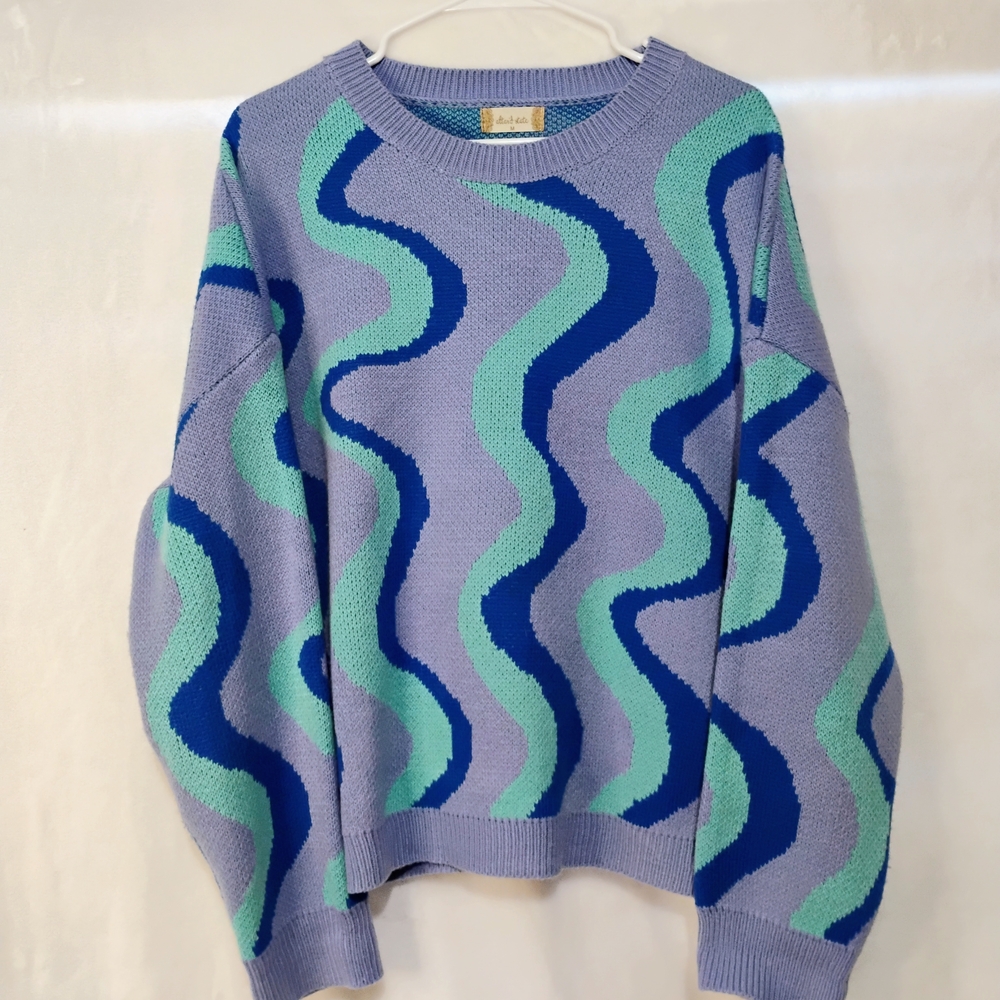 Altar'd State Wavy Swirl Knit Sweater Purple Teal Blue Crewneck Geo Wave L